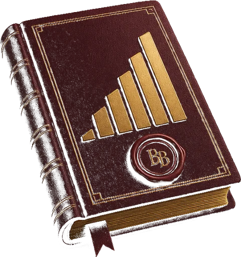 Book Builder emblem: a burgundy leather book with a gold rising bar-chart and a BB wax seal