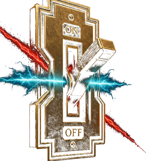 Circuit Breaker emblem: a brass ON/OFF switch mid-trip, a red crash bolt arrested by a cyan halt beam