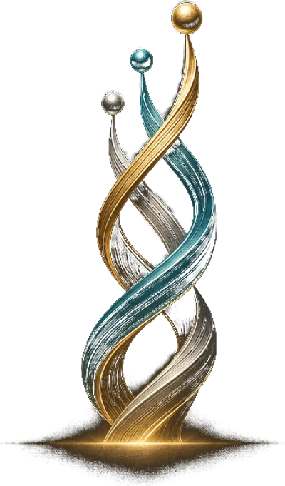 The Rally emblem: a gold, teal and silver helix rising, three spheres cresting at the top