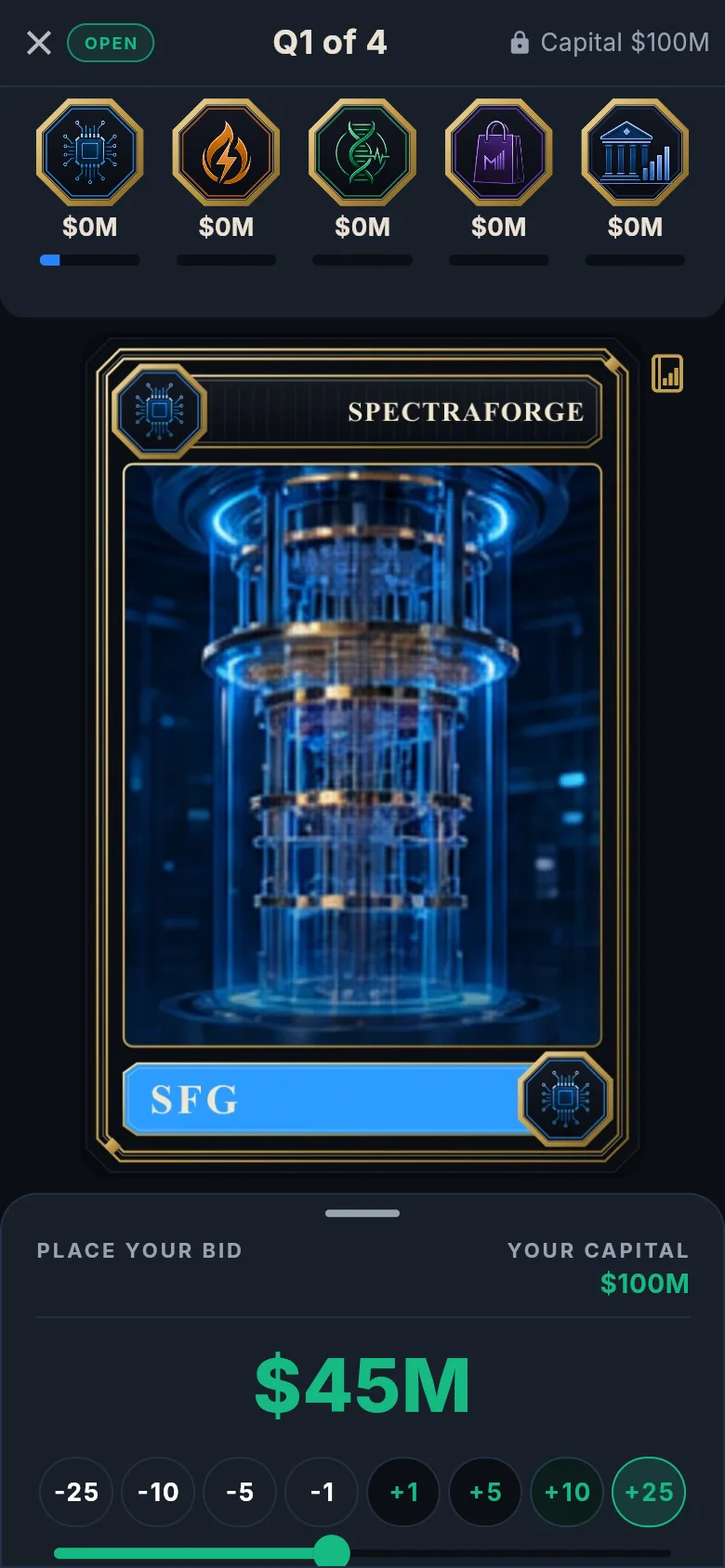 Book Builder: a sealed-bid auction for SpectraForge, a $45M bid entered on the deco company card