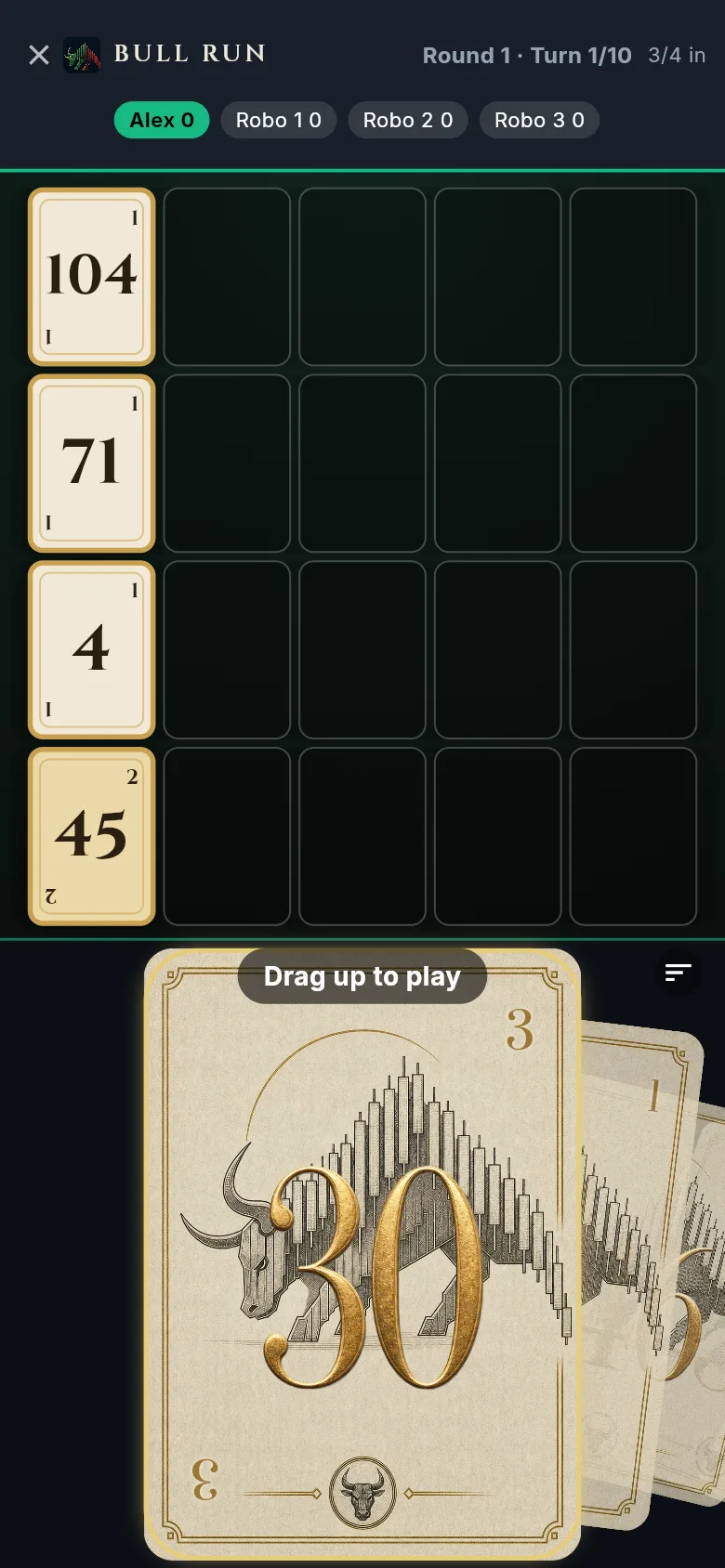 Bull Run: the four market rows mid-round with an engraved bull-and-bear hand card