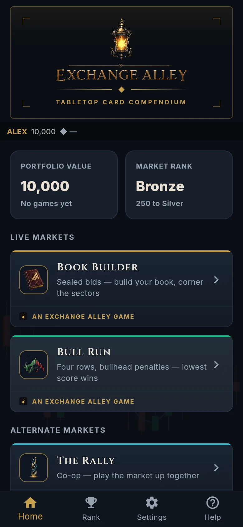 The Exchange Alley home screen: a gold art-deco masthead over a shelf of games — Book Builder, Bull Run, The Rally and Circuit Breaker, each an Exchange Alley game